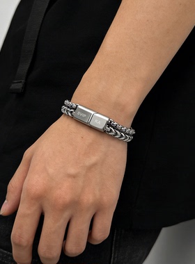 美式嘻哈钛钢古巴男生手链双层叠戴高级感百搭不掉色手串刻字潮牌
