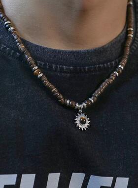 原创天然石串珠太阳花虎眼石吊坠钛钢项链小众设计高级感复古百搭