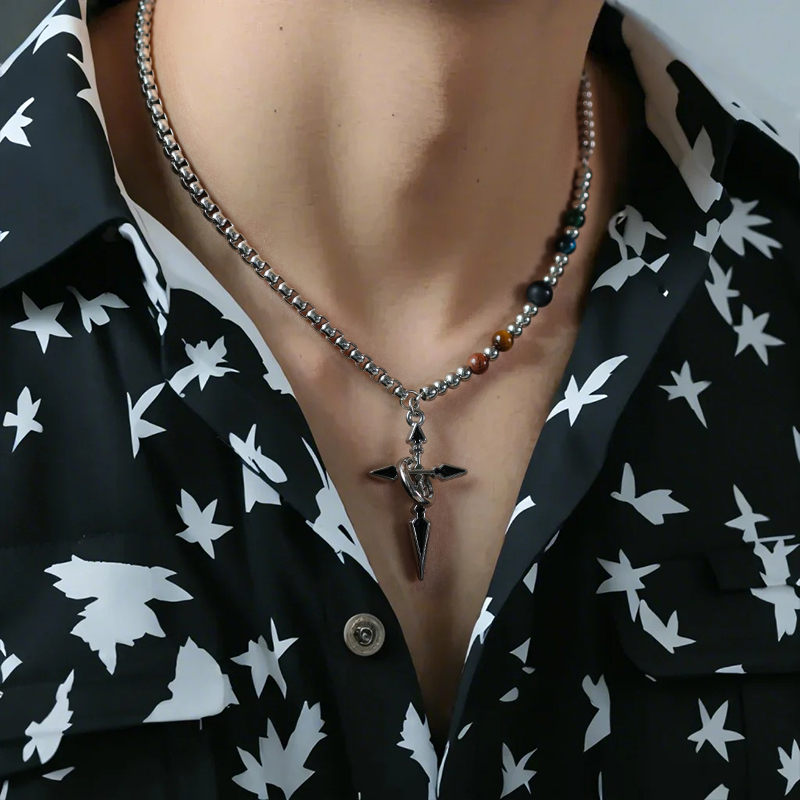 原创暗夜十字架虎眼石天然石串珠拼接锁骨项链男士小众设计高级感