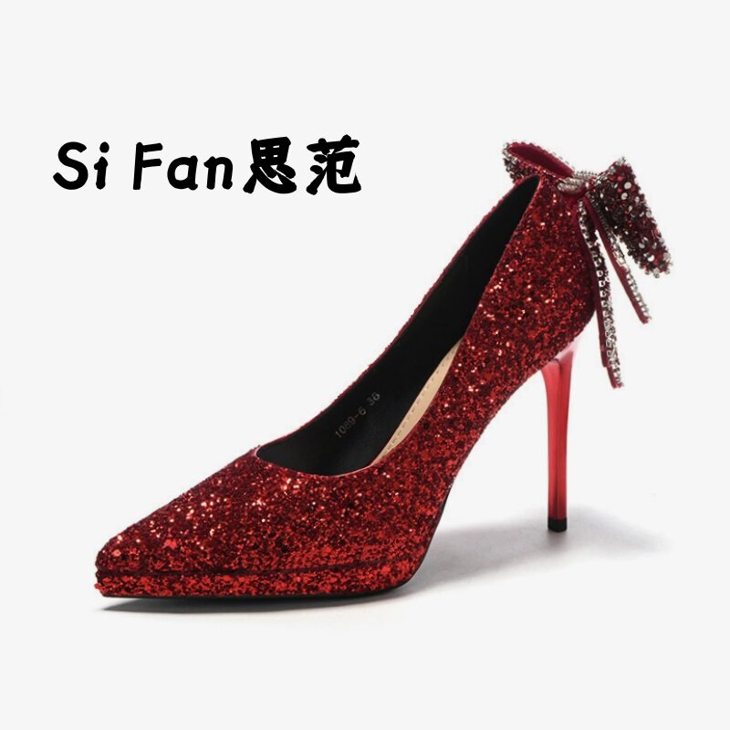 Si Fan思范 红色婚鞋女秀禾服婚纱新娘水晶高跟鞋细跟亮片不累脚