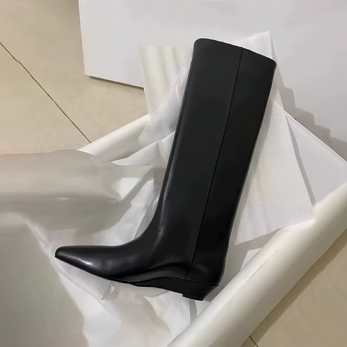 牛皮版~秋冬新款韩版简约方头百搭气质低跟骑士靴女套筒长筒靴女