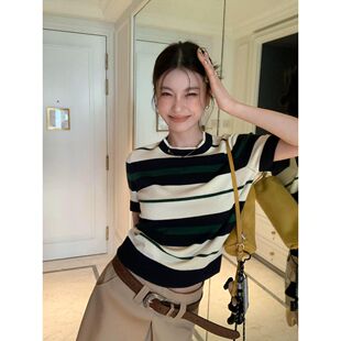 小个子撞色条纹针织短袖T恤女款夏装2026新款超好看漂亮独特上衣