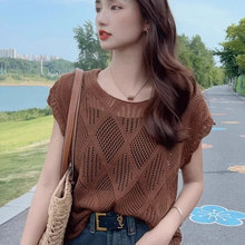 设计感镂空短袖t恤女2025夏季新款韩版小个子露背薄款针织衫上衣