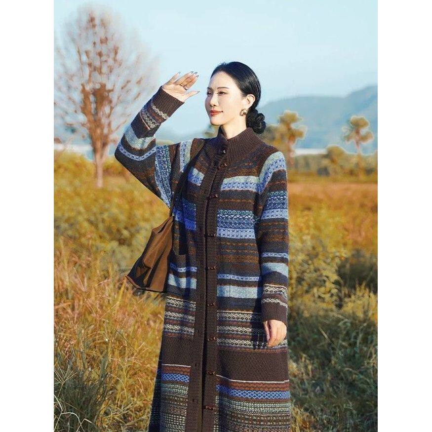 复古费尔岛提花长款针织开衫女秋冬民族风条纹宽松长袖毛衣外套女