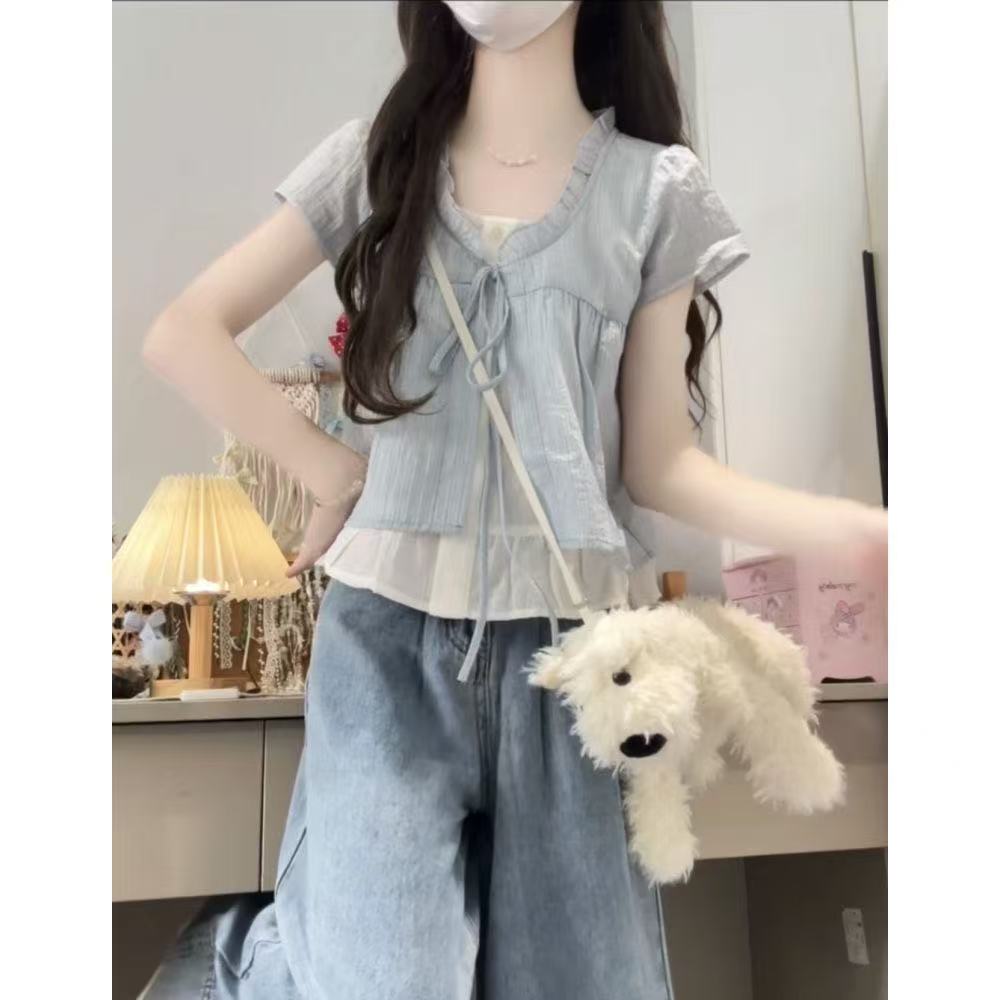 蓝色假两件短袖T恤衬衫女夏季新款设计感木耳边v领独特超好看上衣