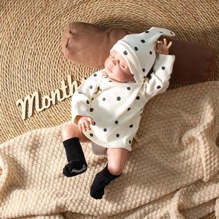 婴儿衣服春秋纯棉半背衣宝宝波点系带开衫新生儿无骨缝打底上衣潮