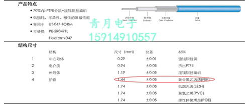 RF同轴047蓝色FEP护套50-1半柔线
