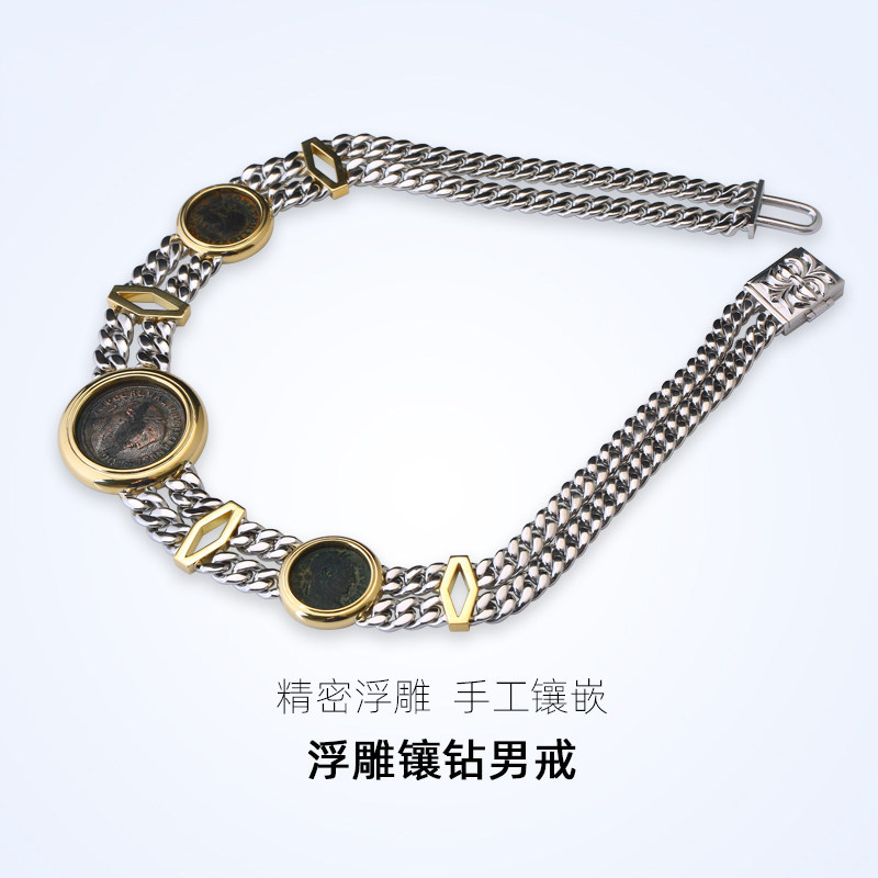 金声情艺pt950铂金古巴链男士白金古币马鞭链中古重工项链女链条