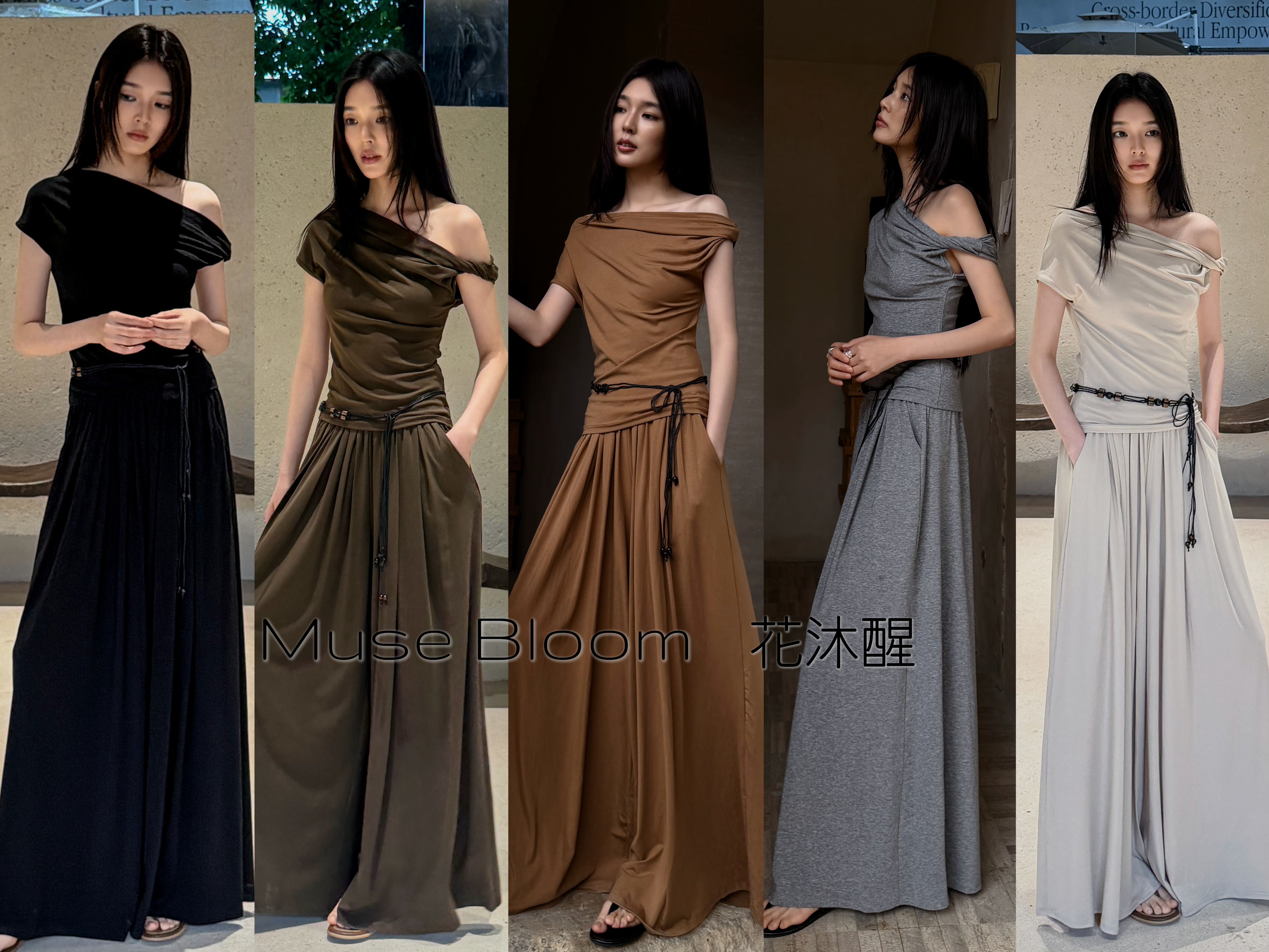 2026花沐醒888349显瘦松弛感舒服斜肩配腰带上衣裤简约阔腿裤套装