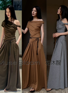 2026花沐醒888349显瘦松弛感舒服斜肩配腰带上衣裤简约阔腿裤套装