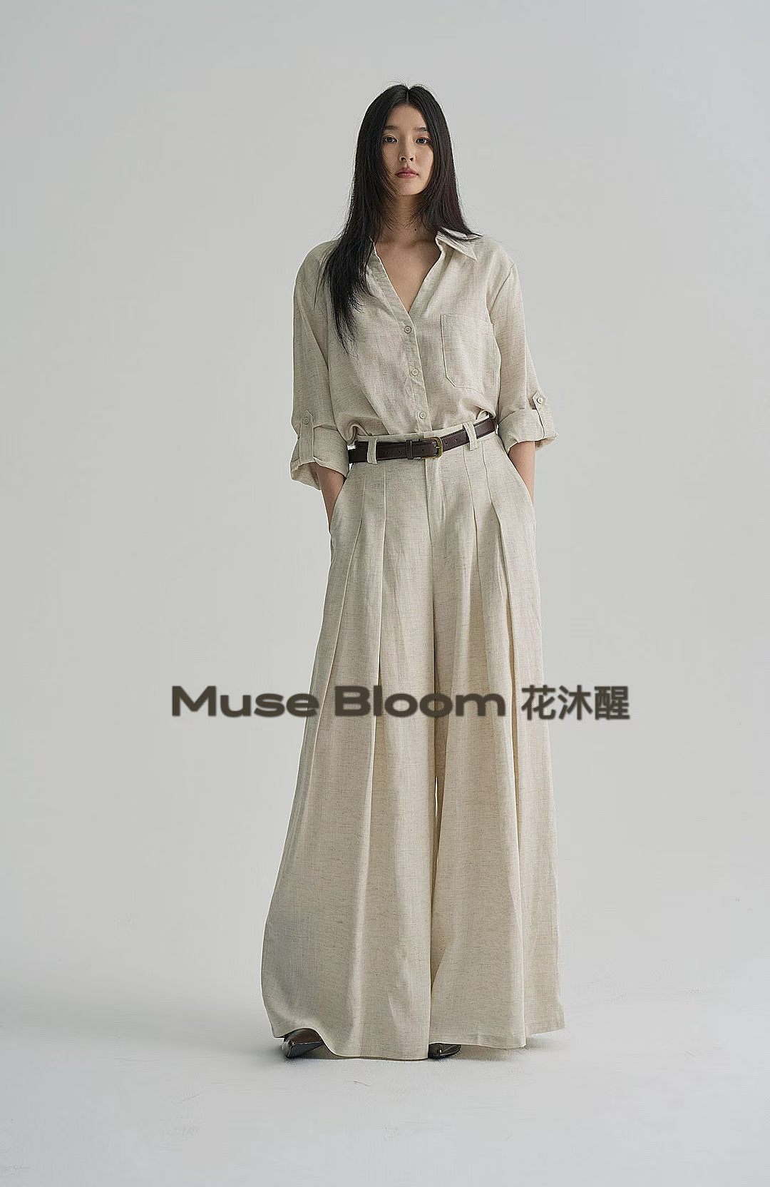 888397花沐醒2026秋款老钱风长袖衬衫松弛感V领法式套装裤