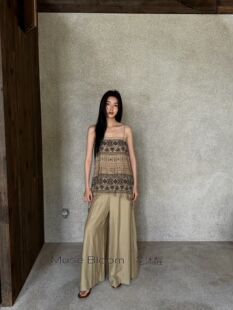 花沐醒888329亚麻度假波西米亚风印花吊带背心女气质无袖套装阔裤