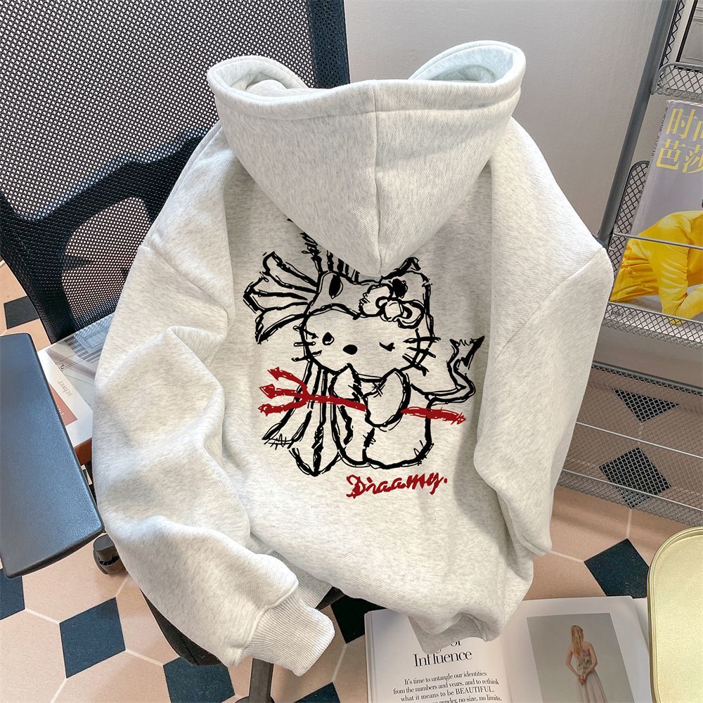 银狐绒日系涂鸦凯蒂猫印花连帽卫衣情侣款潮流ins休闲秋冬上衣男