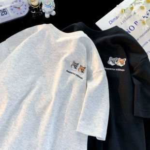 t恤男女宽松港风ins百搭体恤情侣装 100%纯棉夏季 简约卡通印花短袖