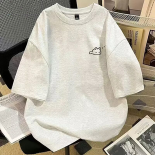 重磅纯棉韩版简约小猫印花短袖T恤男女宽松夏季ins休闲慵懒风上衣