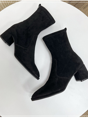 SACHA女鞋冬季新款瘦瘦靴法式祼靴粗跟弹力短靴