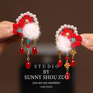 红色头饰新年儿童发夹中国风汉服发卡宝宝古风拜年毛球流苏头饰女