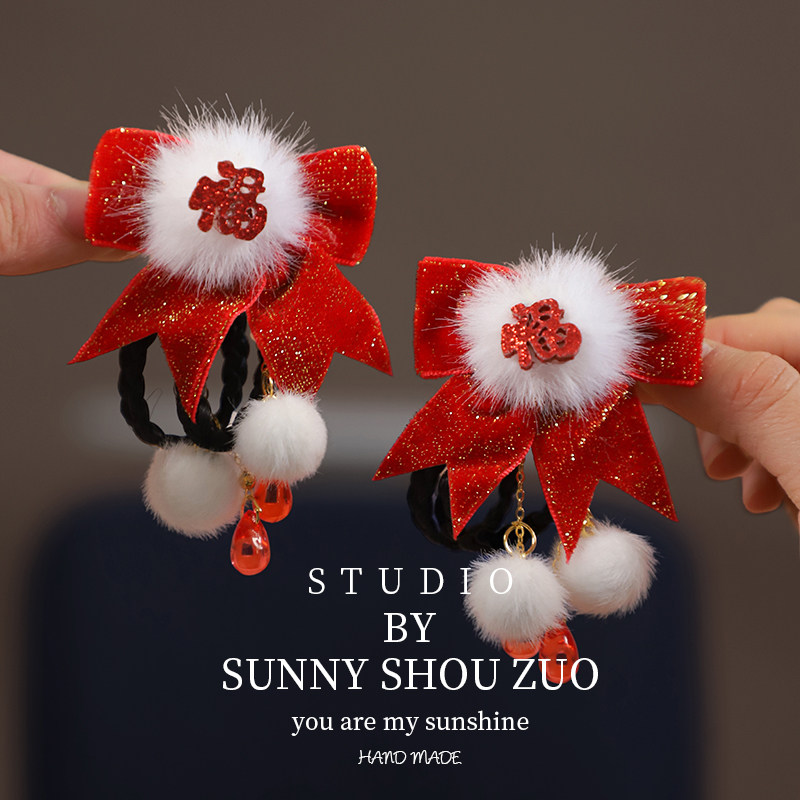 2026新年古风发饰女孩汉服头饰超仙流苏发夹儿童毛绒红色春节发卡