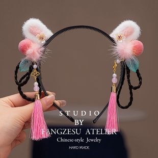 秋冬新款 红粉色儿童小女孩可爱拜年服喜庆长流苏头箍喜庆古风发饰