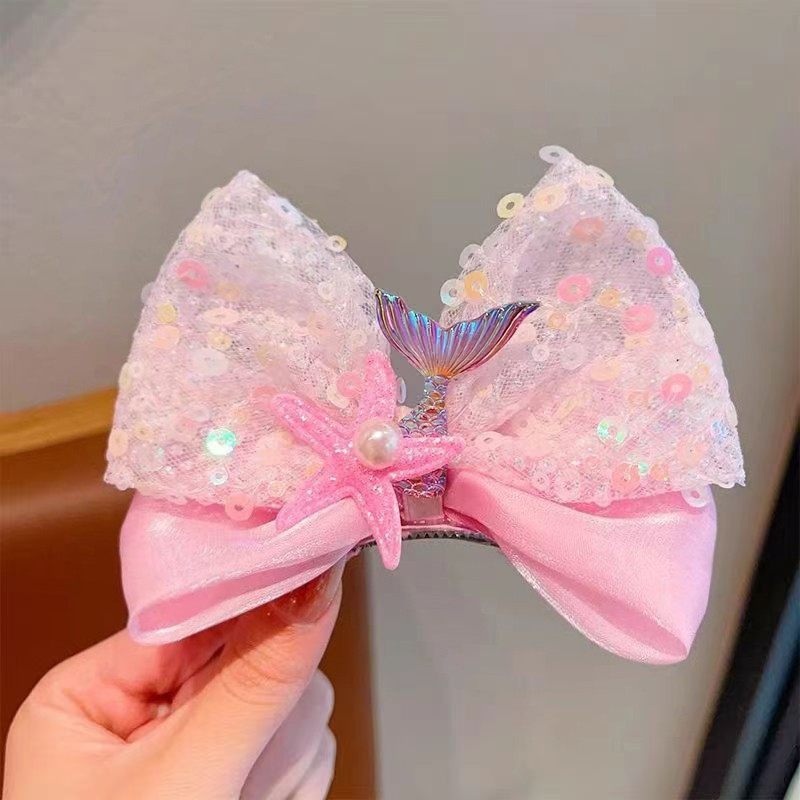 宝宝可爱立体蝴蝶结大号发卡亮片美人鱼鱼尾头饰女童发夹顶夹中秋