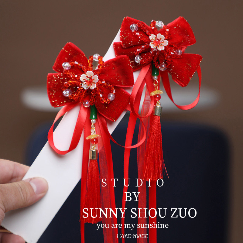 古风小女孩新年飘带发饰2026年春节儿童汉服头饰宝宝红色拜年对夹,童装/婴儿装/亲子装,发饰,淘宝优惠券,粉丝福利购,淘宝优惠卷