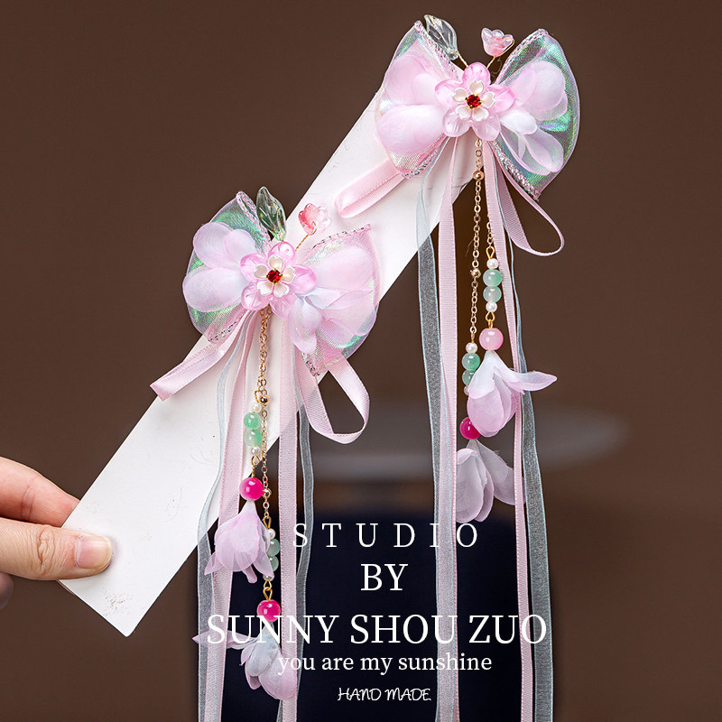 2026女童古风汉服头饰新款中国风宝宝马面裙对夹长流苏飘带发夹