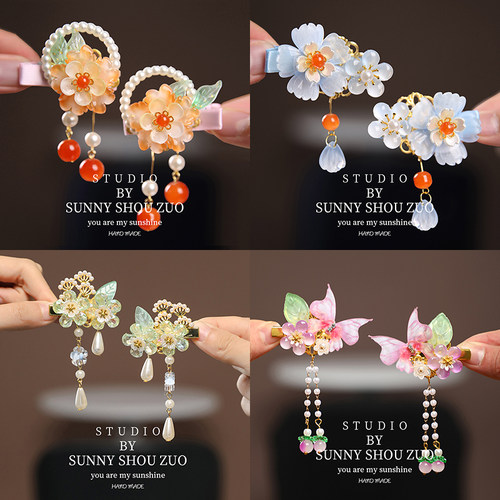 古风汉服女童流苏花朵发夹甜美