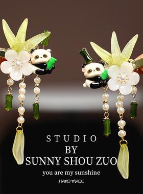 新款可爱熊猫发饰女童中国风花朵流苏发夹女宝宝拜年红色喜庆对夹