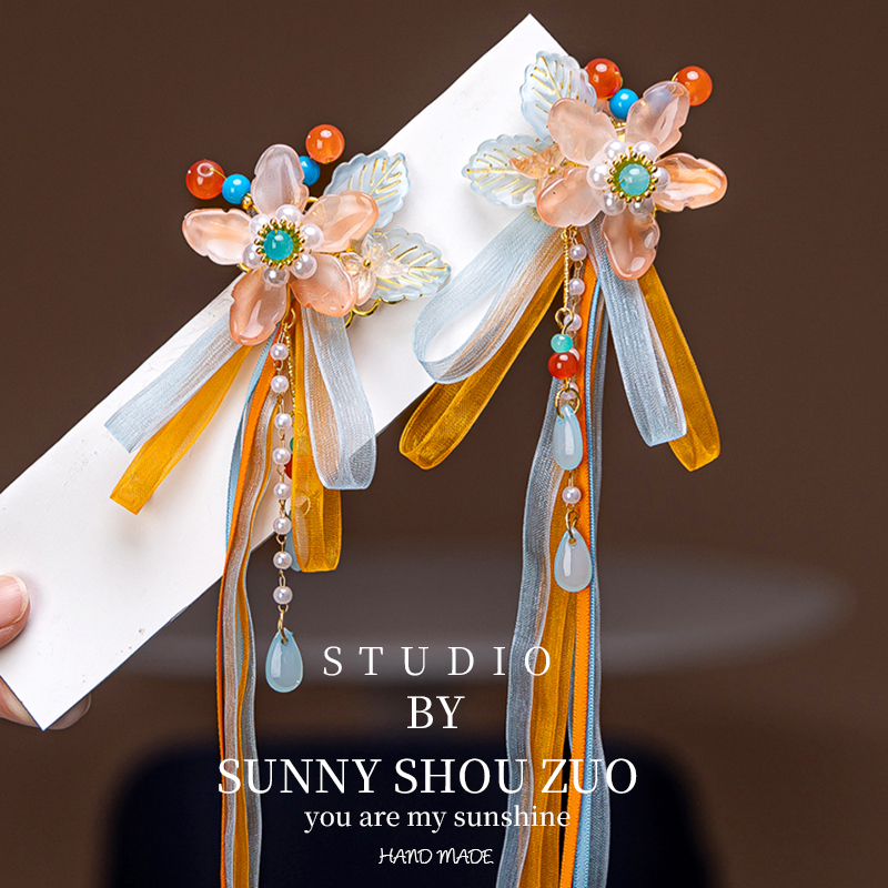 汉服头饰儿童粉色发夹超仙流苏步摇古风发饰国风女童对夹古装配饰