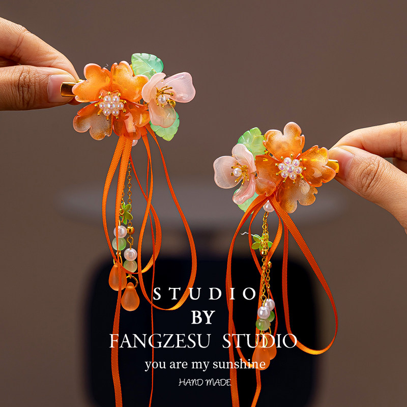 新款国潮步摇边夹国风琉璃民族发饰汉服中秋节小女孩长款对夹