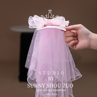 儿童头纱女童超仙公主裙头饰宝宝生日皇冠蝴蝶结发夹花童写真发饰