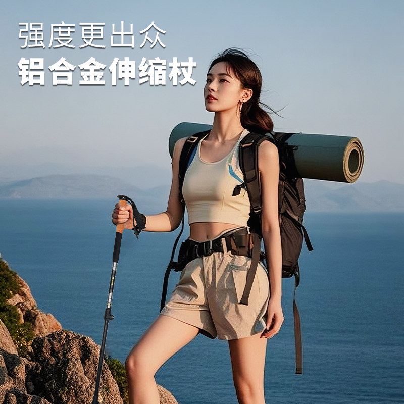 户外登山杖铝合金伸缩杖便携式折叠杖爬山防滑棍登山装备徒步手杖图片