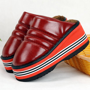 冬季手工棉拖鞋厚底增高防滑保暖超纤皮高跟室内外居家休闲毛绒鞋