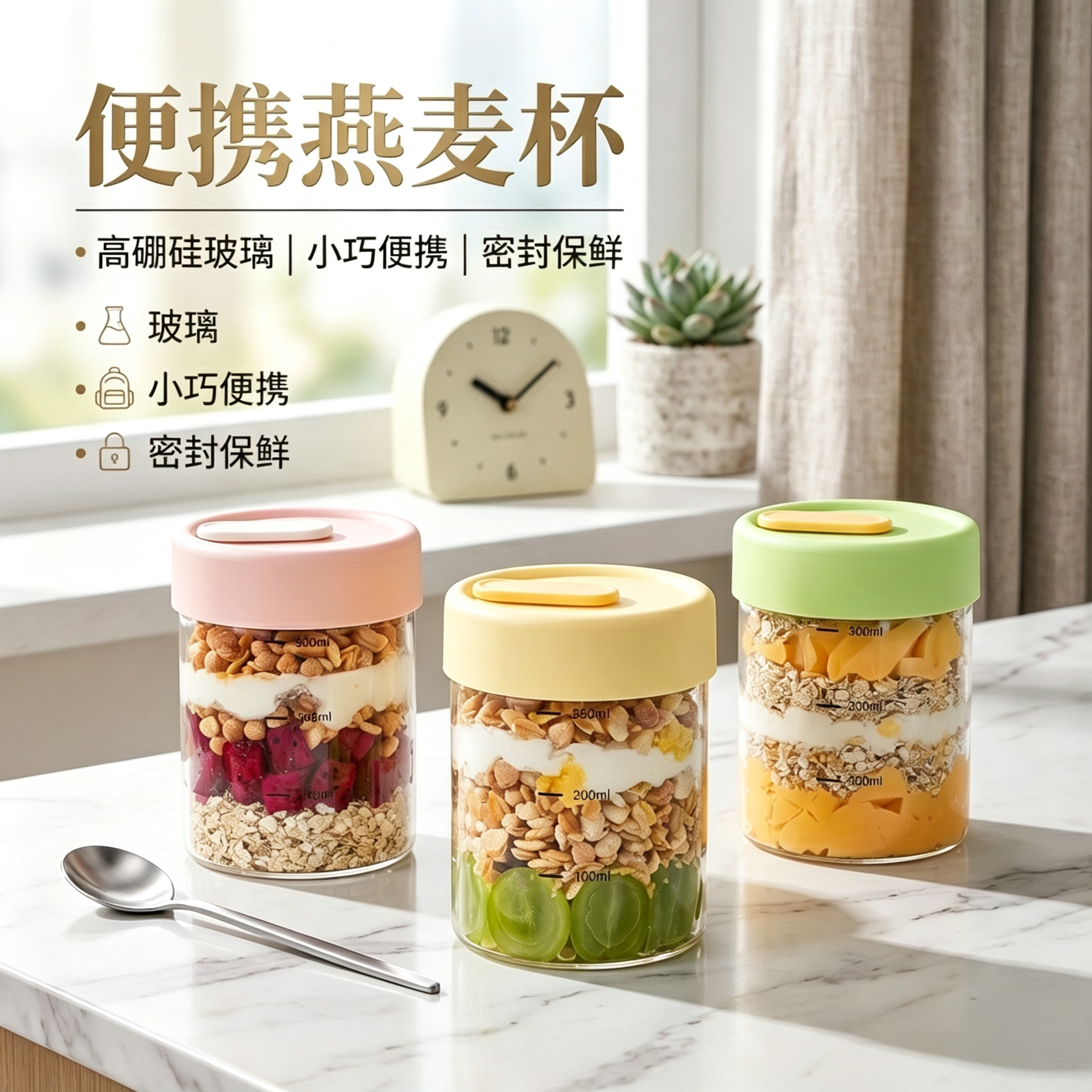 透明玻璃隔夜燕麦杯密封保鲜杯