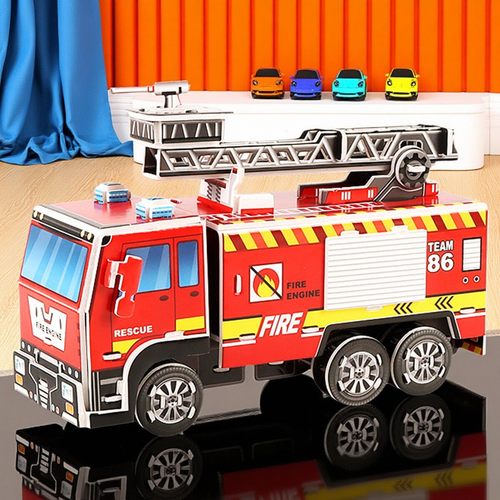 三维熊大四片立体拼图云梯车消防车纸质3D模型早教益智过家家玩具