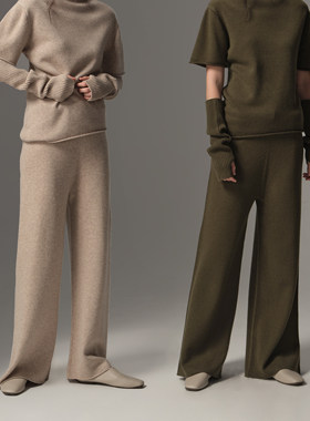 Oraby ·100%羊毛卷边宽松直筒裤冬季针织宽松慵懒风休闲阔腿裤