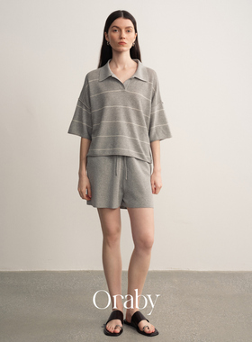 Oraby · 醋酸棉polo领短袖T恤居家宽松针织短裤两件套套装女