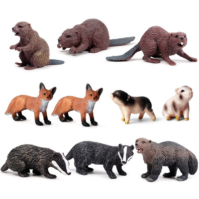 跨境仿真动物模型儿童玩具实心小河狸狐狸食蚁兽貂熊家猪蛋糕摆件
