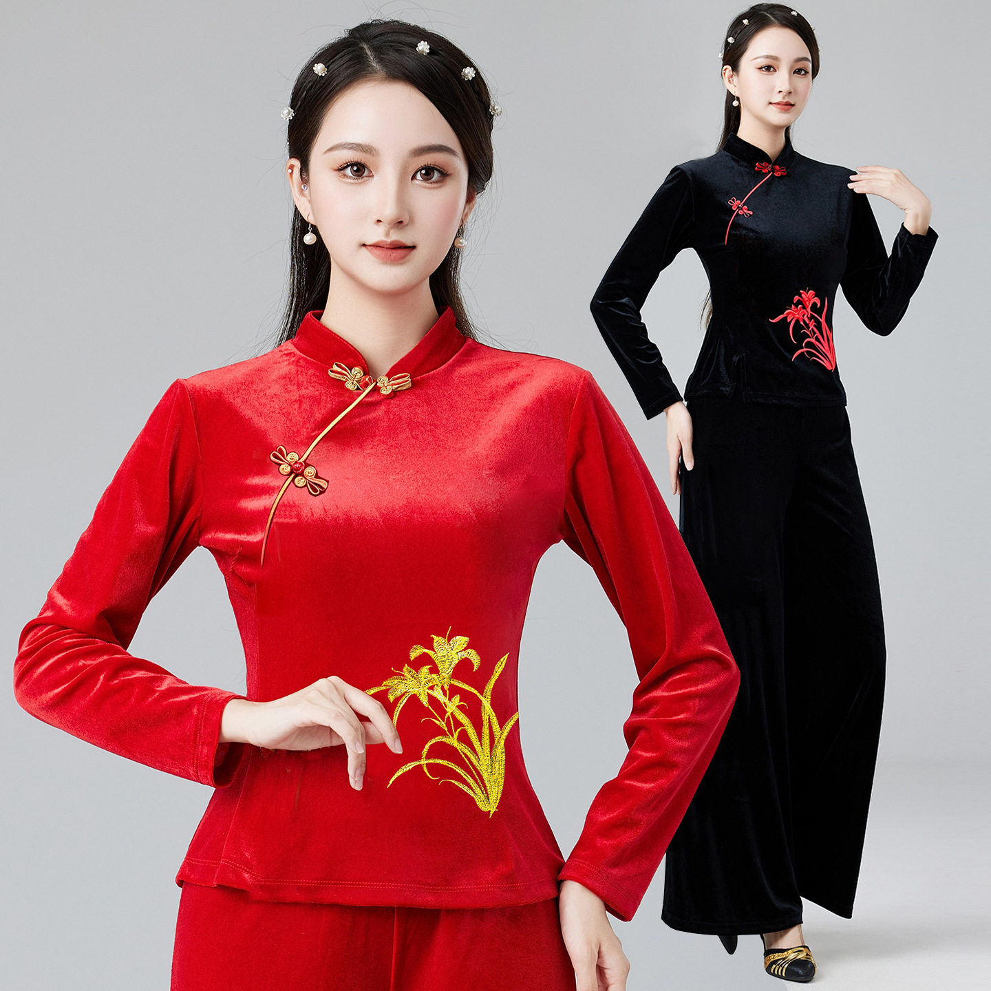 秋冬古典舞蹈演出服女金丝绒盘扣绣花长袖广场舞服装新款裤子套装