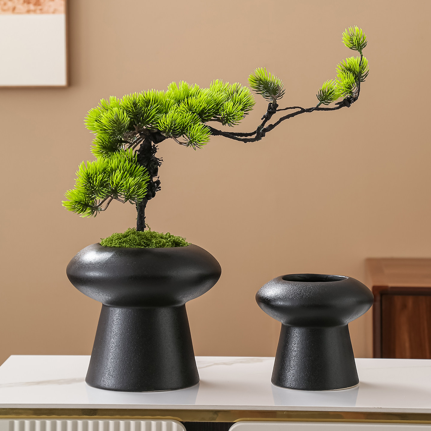 黑色陶瓷圆形蘑菇无孔水培花盆