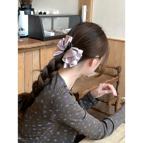 Busan韩系丝光缎面褶皱花苞香蕉夹女慵懒复古后脑勺马尾竖夹发夹