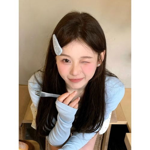 Busan春夏清新蓝色皮质波点发夹bb夹女甜美刘海夹侧边夹温柔发饰
