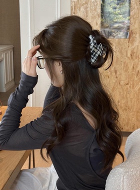 Busan韩系博主同款黑白格纹抓夹女时尚复古后脑勺鲨鱼夹发夹头饰