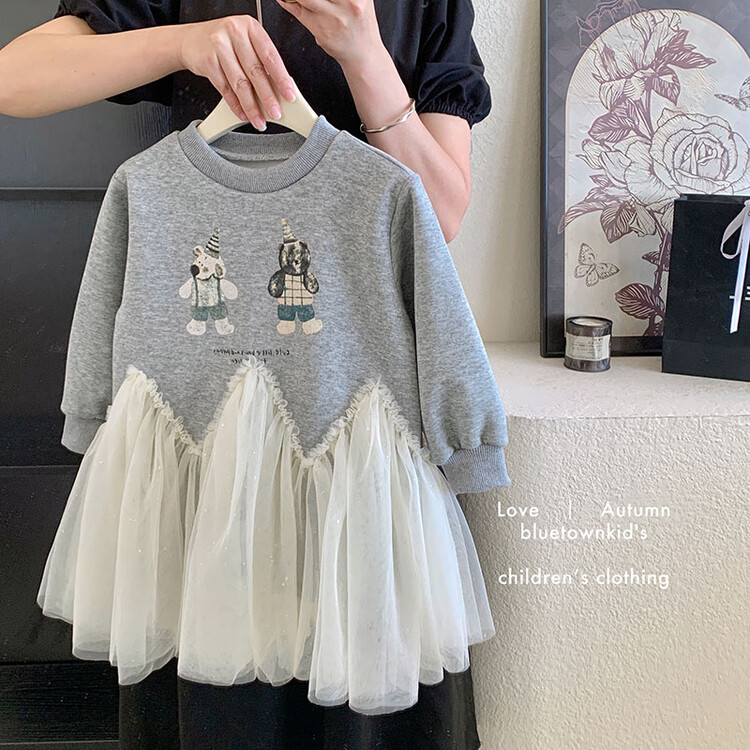 女童洋气卫衣裙卡通网纱拼接裙子2024秋季儿童休闲公主网纱裙