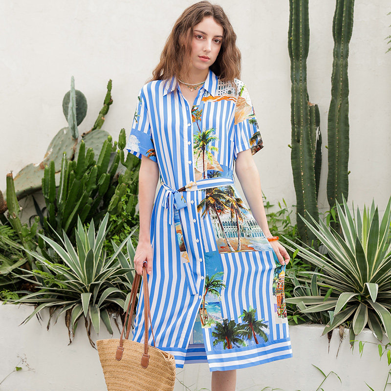 真丝法式蓝色连衣裙夏女2025新款海边度假简单大方高级感穿搭气质