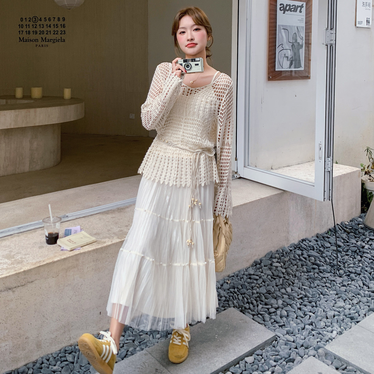 叠穿镂空罩衫半身裙套装两件套女2025春季新款超好看蕾丝纱裙套装,女装短外套,婷丫丫