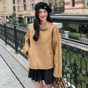 卡其色麂皮绒短款外套女2024秋季新款高级感复古休闲小个子夹克潮图片