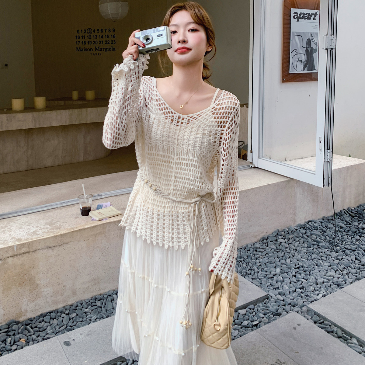 叠穿镂空罩衫半身裙套装两件套女2025春季新款超好看蕾丝纱裙套装,女装短外套,婷丫丫