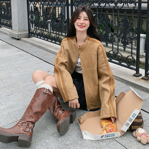 卡其色麂皮绒短款外套女2024秋季新款高级感复古休闲小个子夹克潮图片