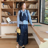学院风甜美穿搭蓝色吊带叠穿衬衫套装女春秋超火好看半身裙三件套，女装短外套，婷丫丫